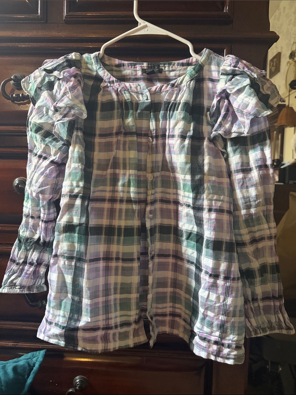 Ann Taylor Plaid Ruffle-Sleeve Blouse - Lavender, Green & White
